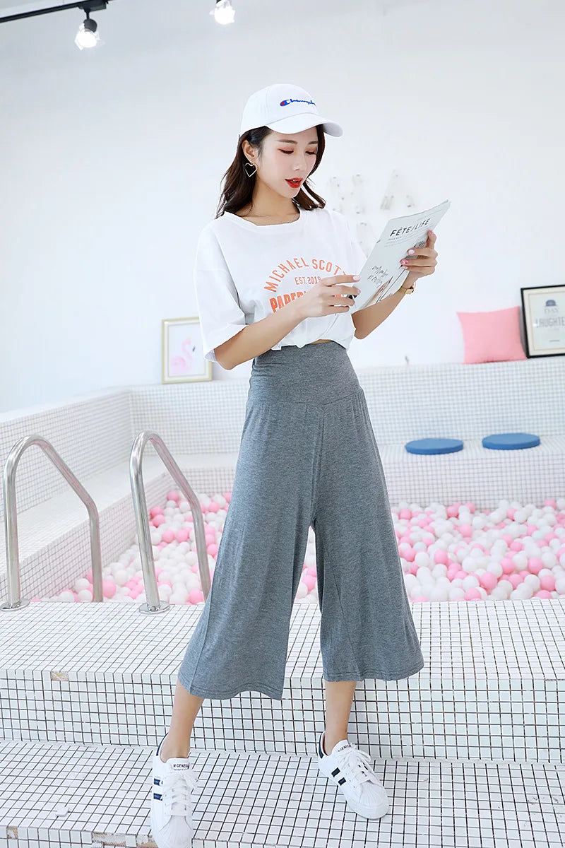 Spring Summer Modal Wide leg pants calf length Loose Casual yoga pant Plus size High Waist three quarter Trousers All match