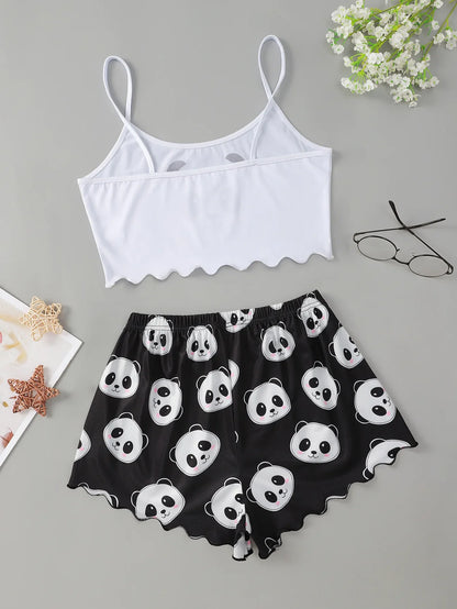 Women's 2pcs Cute Soft Comfy Cartoon Panda Print Sexy Sleepwear Sleeveless Shorts Homewear Pajama Set Loungewear