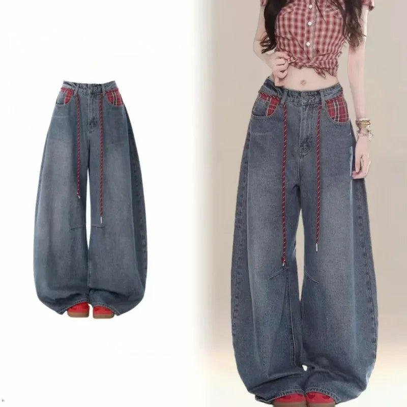 Y2K fashion retro cartoon embroidered women wide-leg jeans casual Harajuku loose pants street personality high-waisted jeans