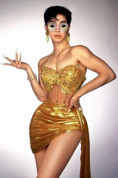 Gold Color Women Sexy 2 Pieces Strapless Bodycon Mini Dress Bar Singer Nightclub Party Celebrate Birthday Dress Wholesale Gold