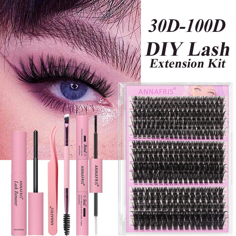 ANNAFRIS 300Pcs DIY Cluster Lash Extension Kit Color individual Lashes Kit with Lash Bond&Seal Remover Tweezers