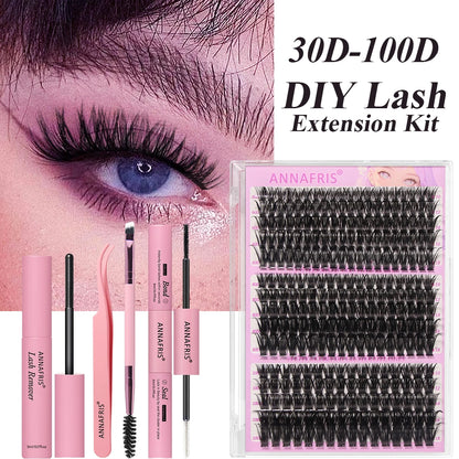 ANNAFRIS 300Pcs DIY Cluster Lash Extension Kit Color individual Lashes Kit with Lash Bond&Seal Remover Tweezers