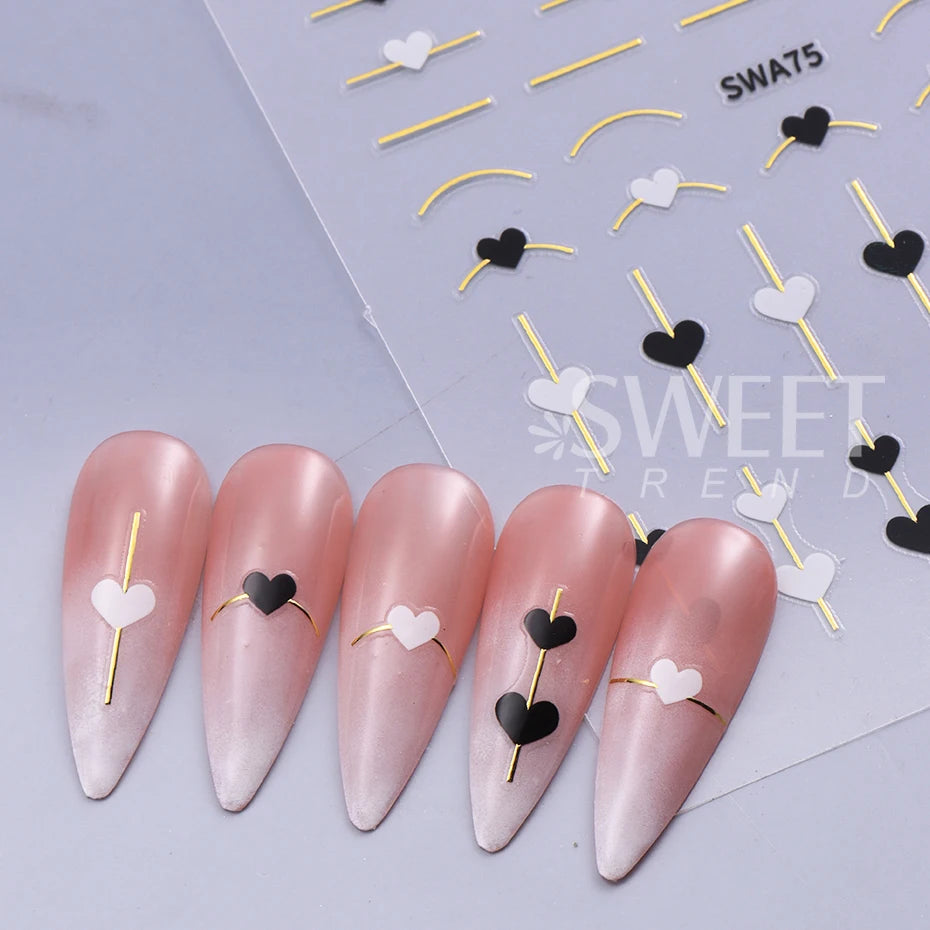 2pcs Black White Red Love Heart Nail Stickers Metallic Golden French Line 3D Adhesive Slider DIY Valentine Design Manicure Decor