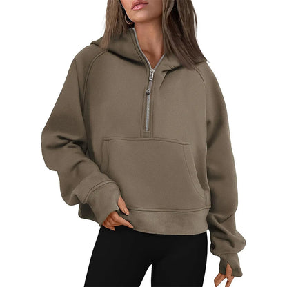 Half Zip Sweatshirts Cropped Hoodies Fleece Womens Quarter Zip Up Pullover Sweaters Fall Outfits 2024 Winter Clothes coffee