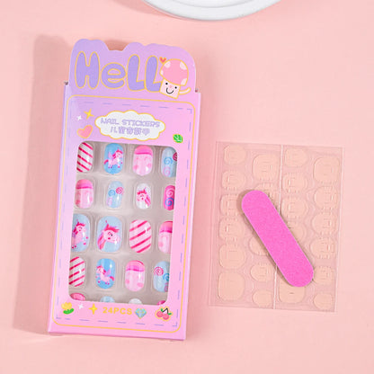 24Pcs Children Cartoon Nail Tips Colorful Cute Rabbit Pink Stars 6-14 Years old Girl Fake Nail With Jelly Glue Kids False Nail TC0012-2