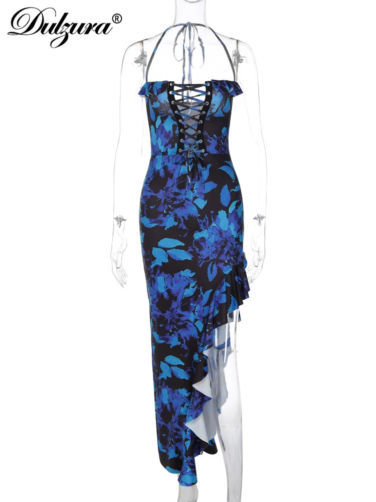 Dulzura Tie Dye Print Lace Up Side Slit Midi Dress For Women Ruffle Long Dress Bodycon Sexy Party Club Outfits 2024 Summer Y2K