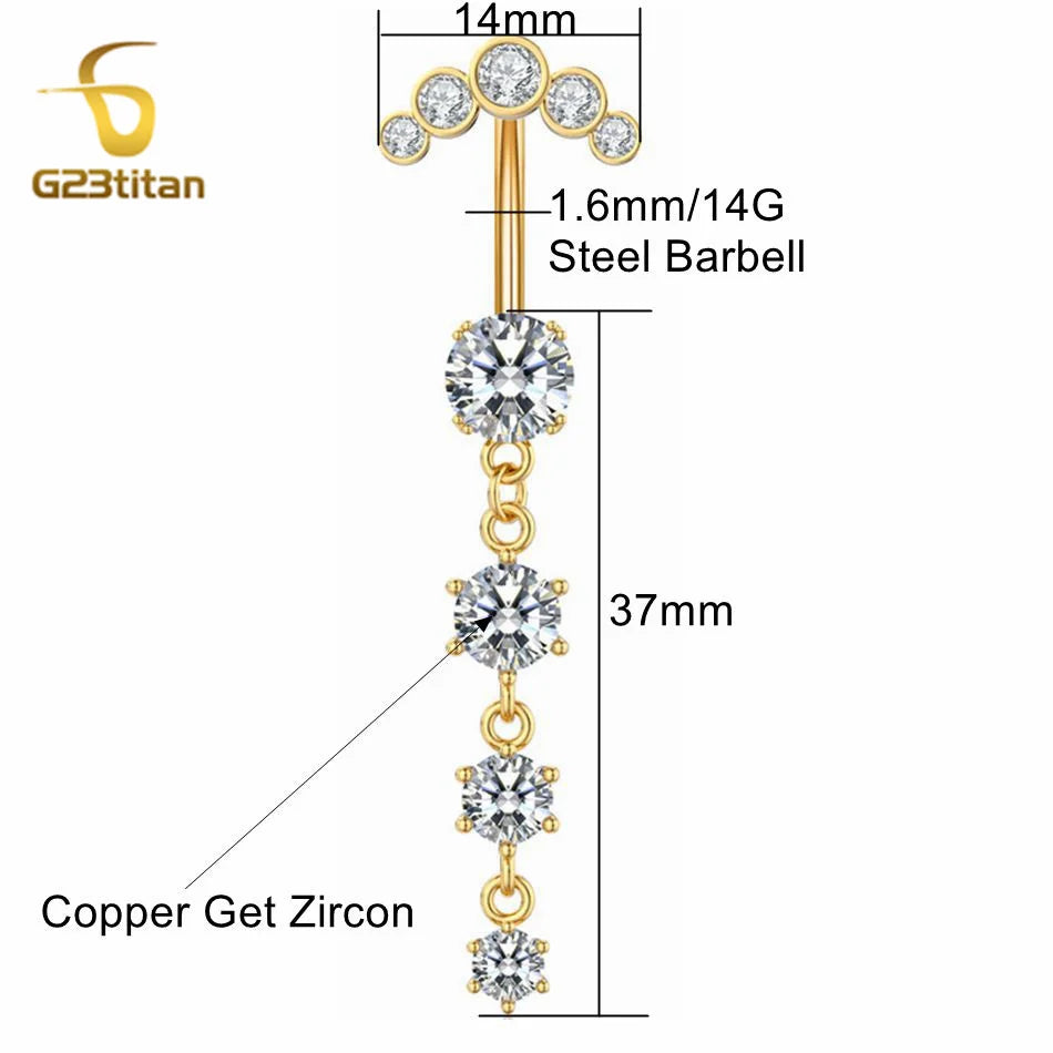G23titan Long Zircon Pendant Dangle Belly Button Ring Surgical Titanium Navel Piercing Curved Barbell Anti allergic Body Jewelry Badiee Stylez