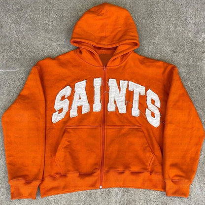 Y2K New European and American Fashion High Street Trendy Sweatshirts Hip Hop Zipper Jacket for Men Letter Patch Loose Hoodies orange top