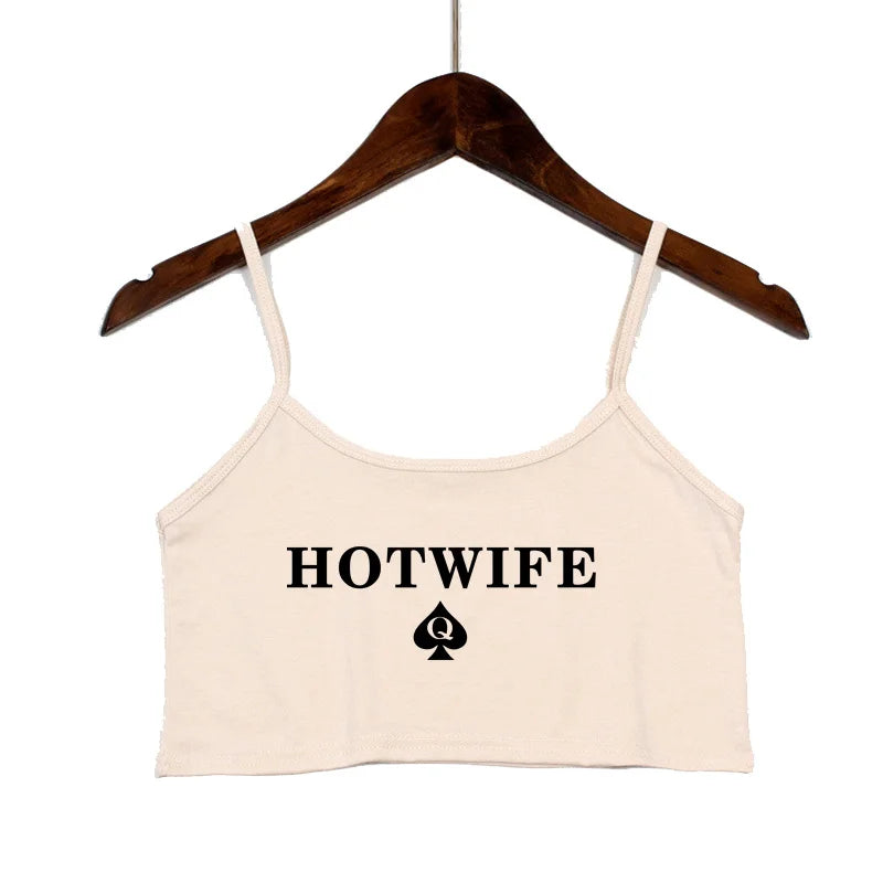 HOT WIFE Letters Print Female Sexy Crop Top Fashion Women's Sexy Elastic Cotton Camis Sleeveless Short Girls Tank Top Bar Women