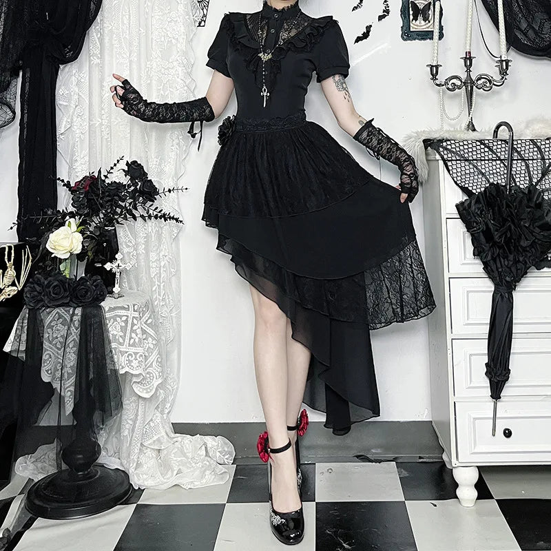 Harajuku American Fashion Gothic Black Irregular Layer Spliced Layered Skirt Women's Summer Fashion Street Y2K Long Skirt