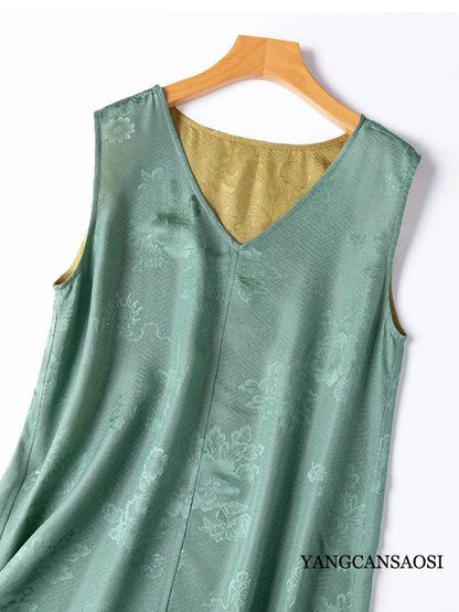2025 Women's Summer New Luxury 100% Natural Mulberry Silk Jacquard Satin V-neck Split Double Sided Sleeveless Vest Dress Badiee Stylez