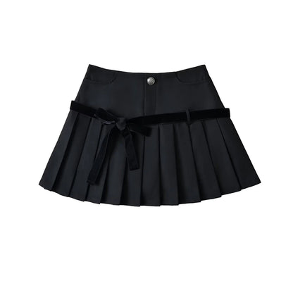 Women's Y2k A-line Pleated Skirt Vintage Plaid Mini Skirt Harajuku Korean Elegant Preppy Style Bow Skirts 2000s Clothes Summer Black