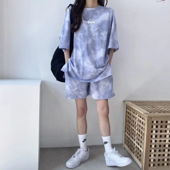 Women Summer 2024 New Fashion Cool Tie Dye Two-Piece Set Leisure And Comfortable Loose Elastic Waist Shorts Set