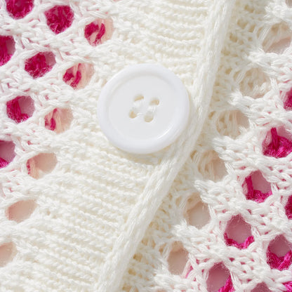 Women With Summer V-neck Button Top & Wide Leg Pants Suits Spring Crochet Hollow Knitted Set Woman 2 Pieces Striped Print