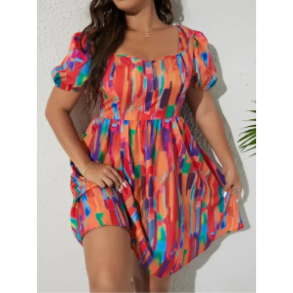 Plus Size Women Spring and Summer Dress Brush Casual Sleeveless Print Puff Sleeve A Line Dress MULTI