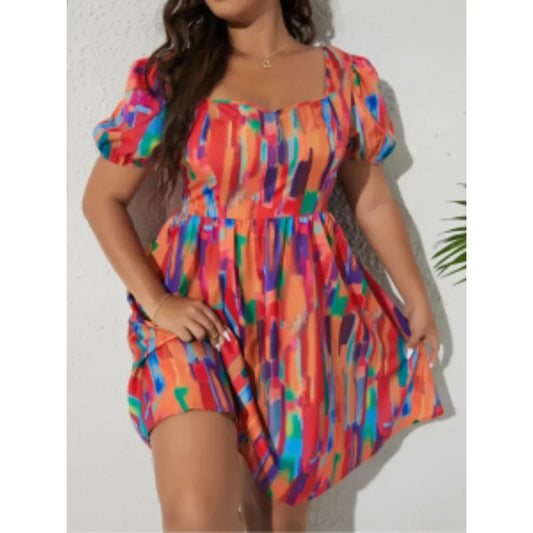 Plus Size Women Spring and Summer Dress Brush Casual Sleeveless Print Puff Sleeve A Line Dress MULTI
