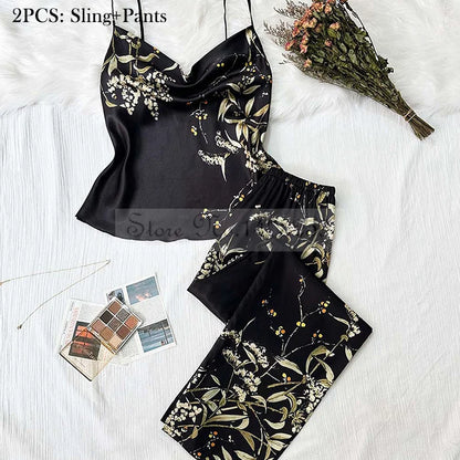 Four Pieces Pajamas Set Printed Little Cherry Sleepwear Women Satin Nightgown With Suspender Sling&Shorts Summer Home Clothes Black Cherry E