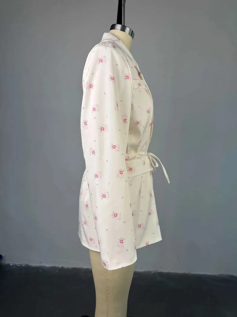 Women's Flower Printed Loose Suit 2025 Spring/Summer New Fashion Collar Belted Waist - Cinching Suit Jacket