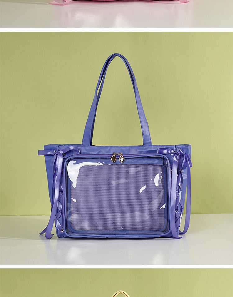 Japanese Large Capacity Satin Ribbon Ita Bag Sweet Girl Anime Transparent Tote Bag Lolita Shoulder Bags Clear Pvc Handbags