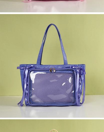 Japanese Large Capacity Satin Ribbon Ita Bag Sweet Girl Anime Transparent Tote Bag Lolita Shoulder Bags Clear Pvc Handbags