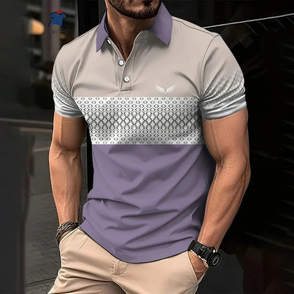 Stylish Geometric Polo Shirt for Men - Fashionable Lapel Design for Business & Casual Wear