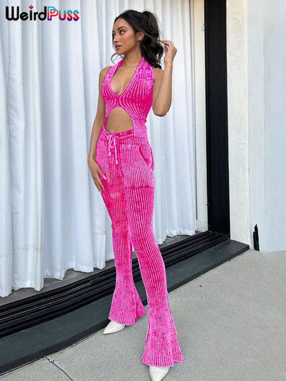 Weird Puss Patchwork Striped Women Casual 2 Piece Set Crochet Halter Low-Neck Vest+Pocket Pants Stretch Skinny Matching Suit Badiee Stylez