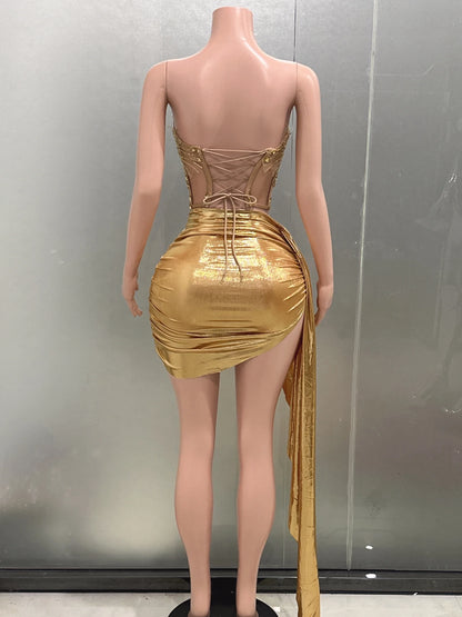 Gold Color Women Sexy 2 Pieces Strapless Bodycon Mini Dress Bar Singer Nightclub Party Celebrate Birthday Dress Wholesale