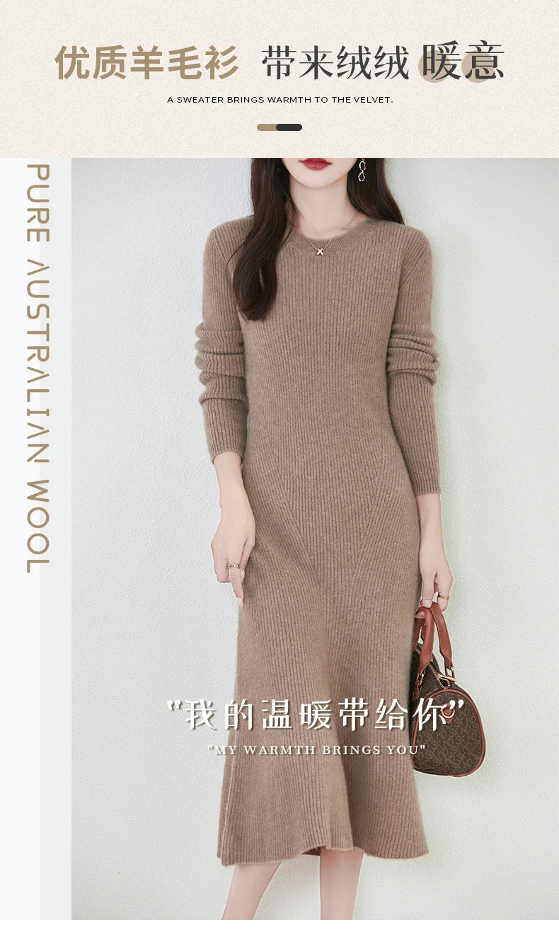 Women's Pure Wool Knitted Long Dress, Round Neck, Fishtail Skirt, Slim, Elegant, Casual, Fashionable, Sweater, 2024Autumn/Winter Badiee Stylez
