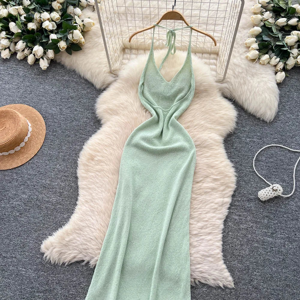SINGREINY Halter 3D Floral Maxi Sundress Women Sleeveless Bodycon Elastic Beach Dress Vacation Knitted Split Sexy Long Dress