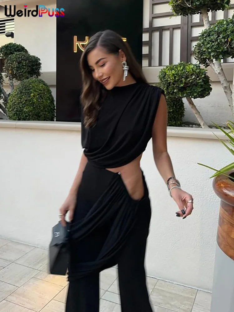 Weird Puss Elegant Irregular 2Piece Set Summer Women Chic Classic Tank Tops+Skirts Pants Matching Trend Ruched Suits Streetwear Badiee Stylez
