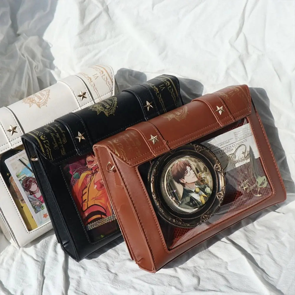 Kawaii Star Moon Badge Display Shoulder Bag Magic Book Design Transparent Window Women Messenger Bag PU Girls Ita-bag Lolita