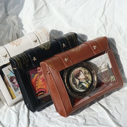 Kawaii Star Moon Badge Display Shoulder Bag Magic Book Design Transparent Window Women Messenger Bag PU Girls Ita-bag Lolita