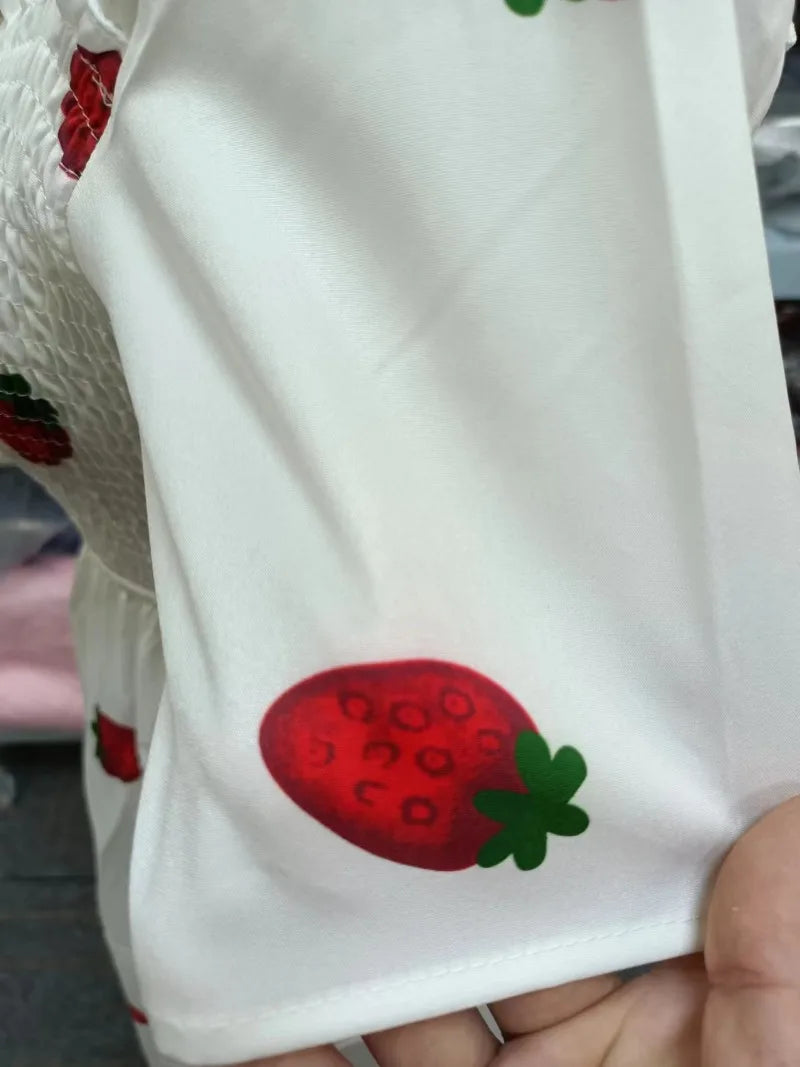 Vintage Kawaii Strawberry Dress Women Sexy Ruffle Puff Sleeve Off Shoulder Embroidery Summer Party Dresses 2023 Korean Elegant