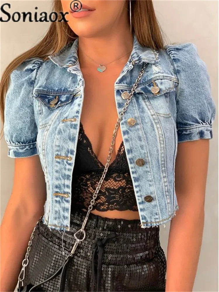 2022 Fashion Women Streetwear Jean Coat Cropped Outerwear Jacket Female Tops Single Breasted Ripped Short Sleeve Denim Jackets Blue
