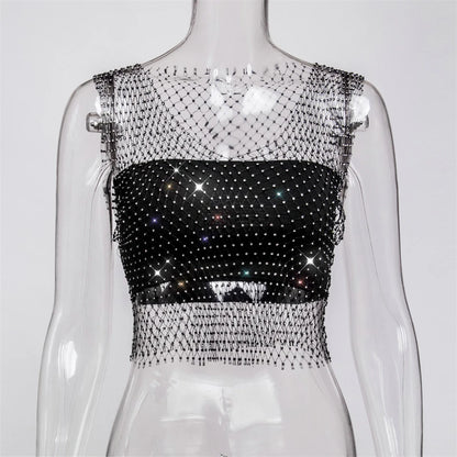 Sexy Diamonds Mesh Cropped Tank Top Women Summer Cover Up Bikini See Through Rhinestone Net Party Club Crop Top Dropshipping Black-V-Neck-45CM One Size CHINA