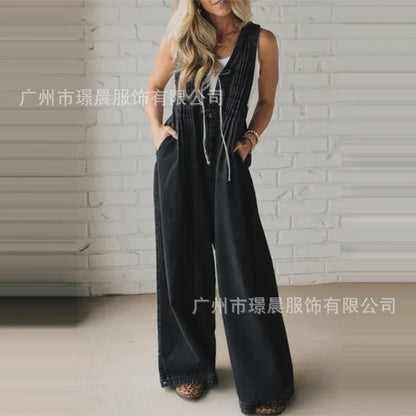 Fashion Casual Jumpsuit Women's 2025 Loose Sleeveless Solid color Pleated Lace-up One Piece Set Romper Pocket Playsuit（no Denim） Badiee Stylez