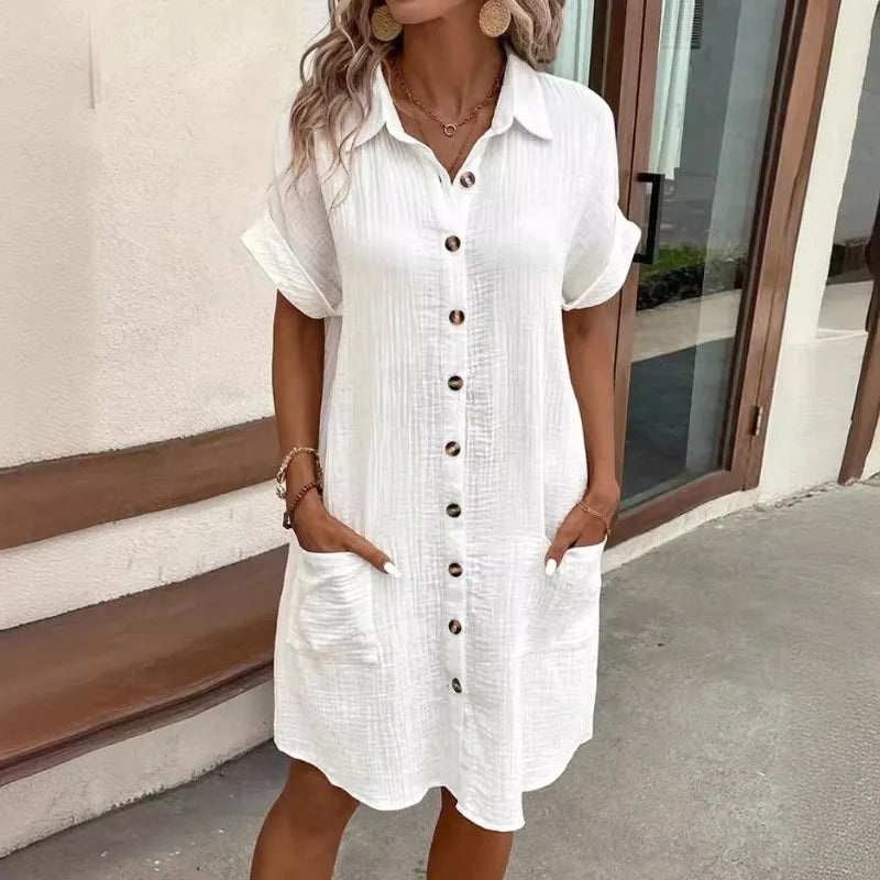 Women's Fashion Summer Minimalist V-neck Button Up Dress Woman Cotton Linen White Short Sleeved Pocket Casual Loose Shirt Dress Badiee Stylez