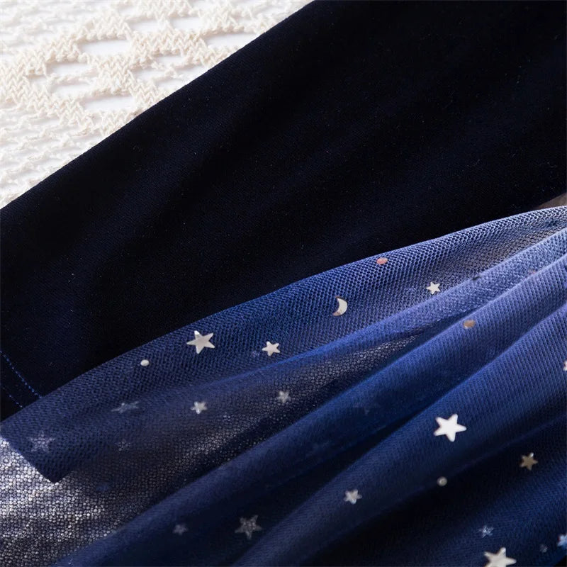 2025 Red Christmas Dress for Baby Girls Winter Long Sleeve Mesh Dresses for 3-8Yrs Kid Star Sequin Birthday Party Princess Dress