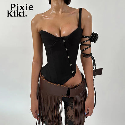 PixieKiki Sexy Black Busiter Corset Tops Club Wear Asymmetrical One Shoulder Backless Crop Top Women's Clothing 2024 C85-DD20