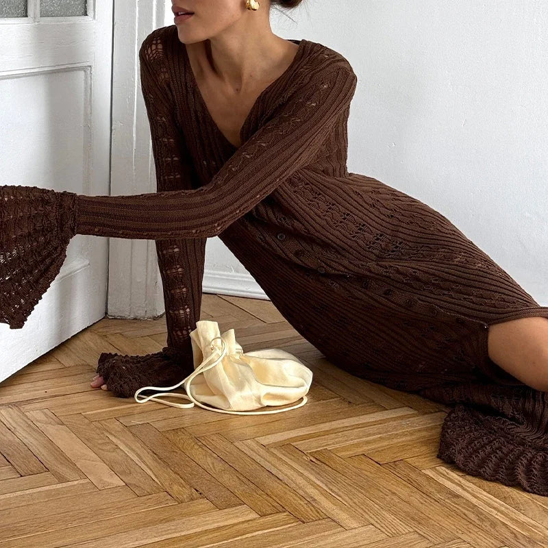 DSMTRC 2025 Holiday Knitted See-throught Cardigan Dress V Neck Long Flare Sleeves Leisure Long Trendy Single Breasted Autumn Brown