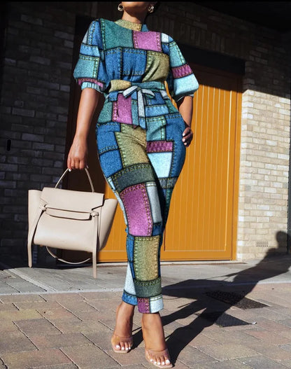 New Spring Autumn Trendy Street Trendy Seven Sleeve Fashion Printed Lace Up Waist Casual Pants Set For Women's Clothing Colored grid