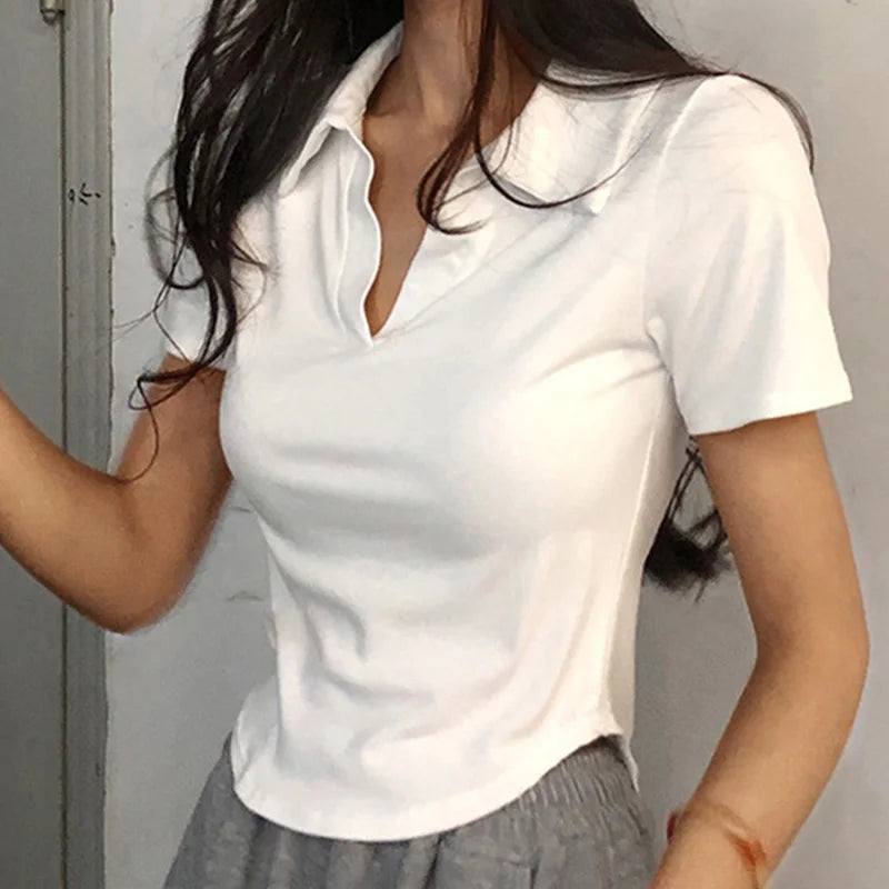 Summer Short Sleeve Lapel Top Women'S Solid V-Neck Pullovers Retro Sweet Shirts Hot Girl Crop Top Female Slim Versatile Tee