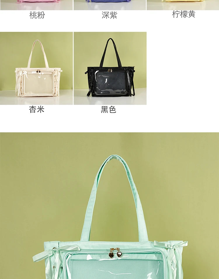 Japanese Large Capacity Satin Ribbon Ita Bag Sweet Girl Anime Transparent Tote Bag Lolita Shoulder Bags Clear Pvc Handbags
