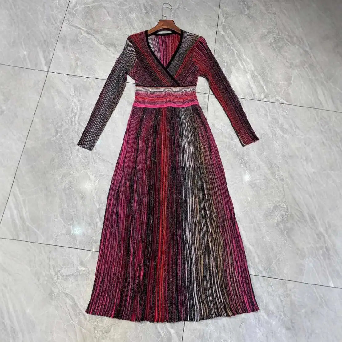 QMQA Fashion Women's Gradient Stripes Design Dresses V Neck High Waist Long Sleeve Elegant Party Dress Female Spring New 1A116 Badiee Stylez