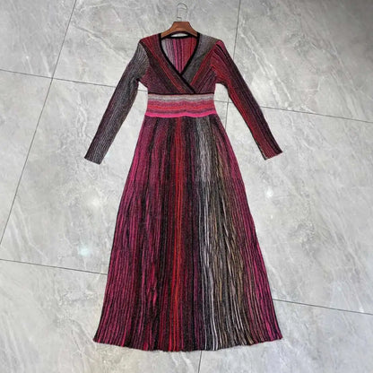 QMQA Fashion Women's Gradient Stripes Design Dresses V Neck High Waist Long Sleeve Elegant Party Dress Female Spring New 1A116 Badiee Stylez