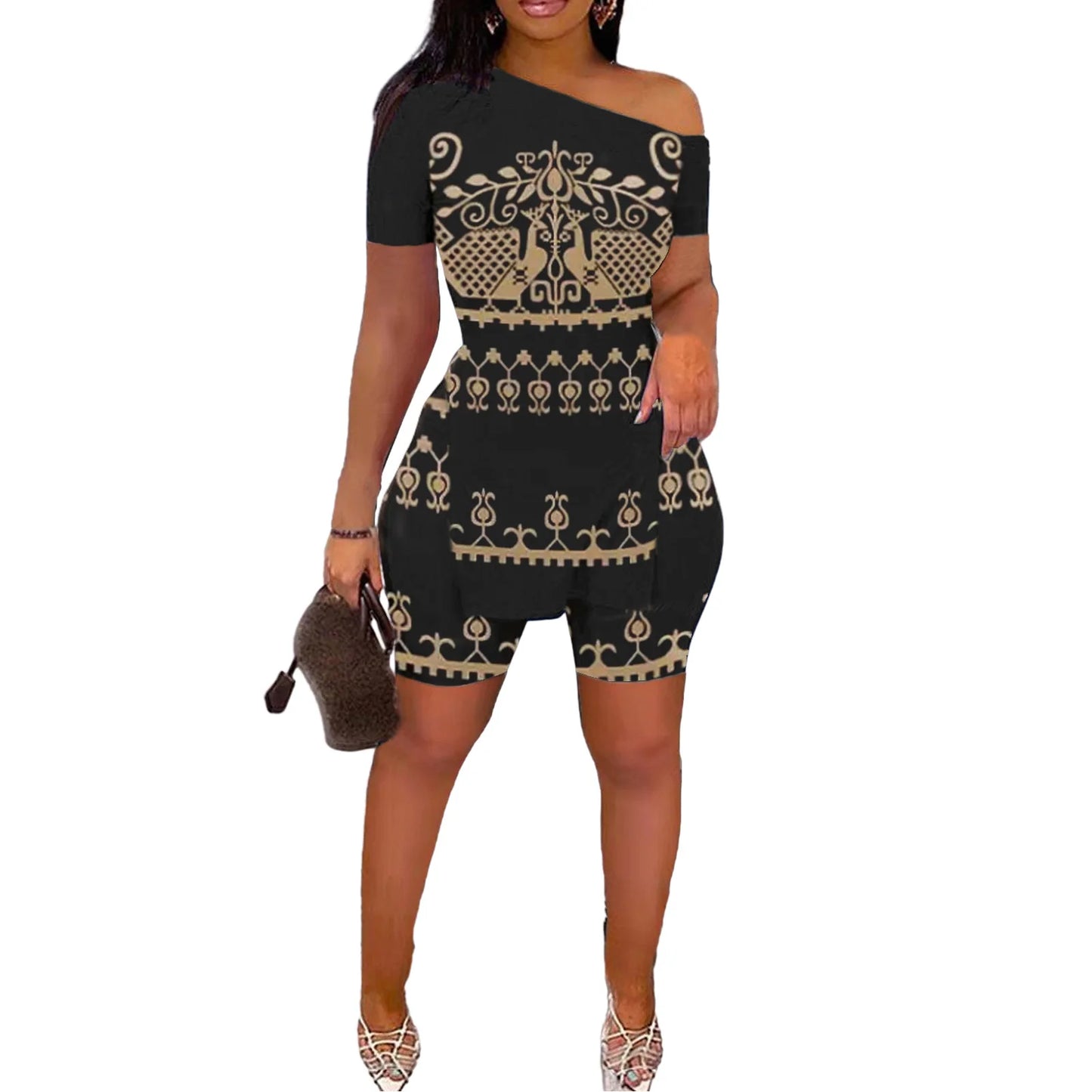 Print Two Piece Shorts Sets Women Skew Collar Short Sleeve Shirts Side Split Tops Pullover Elastic Waist Trousers Summer 2025 6