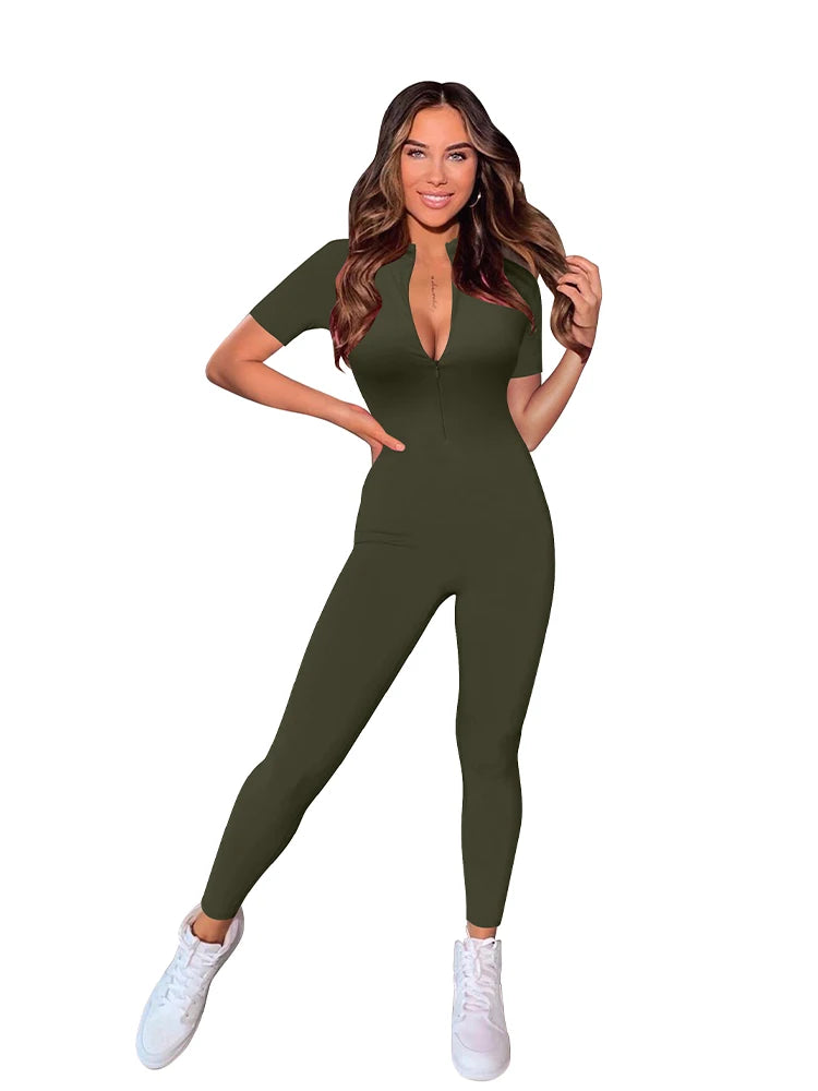 New Autumn and Winter Short Sleeve V Neck Bodycon Jumpsuit Full Lengt Rompers Women Jumpsuits Badiee Stylez