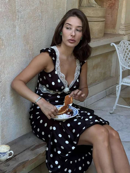 Polka Dot Ruched Dress Elegant Birthday Party Skinny Bodycon Sexy Backless Dress Women Flying Sleeve Lace Trim Applique