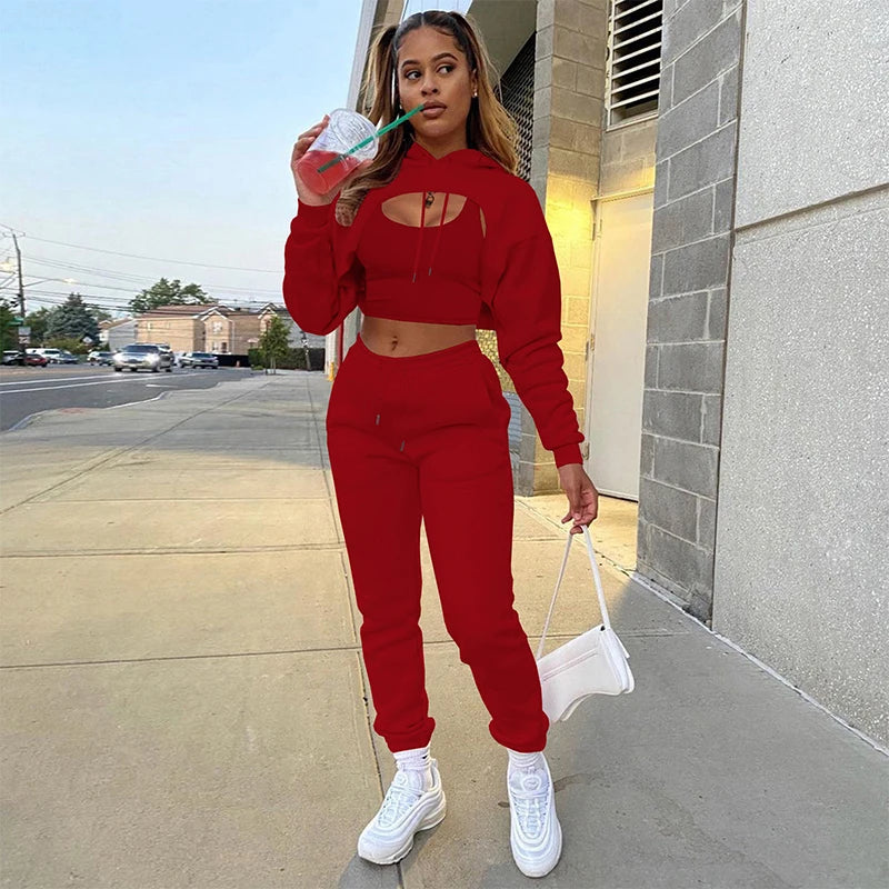 Women 3 Pieces Sets Sweatpants and Hoodie Set Cropped Tops Fleece Pants Suit Tracksuit Fitness Sport Jogger Outfit Clothing Red