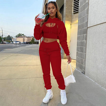 Women 3 Pieces Sets Sweatpants and Hoodie Set Cropped Tops Fleece Pants Suit Tracksuit Fitness Sport Jogger Outfit Clothing Red
